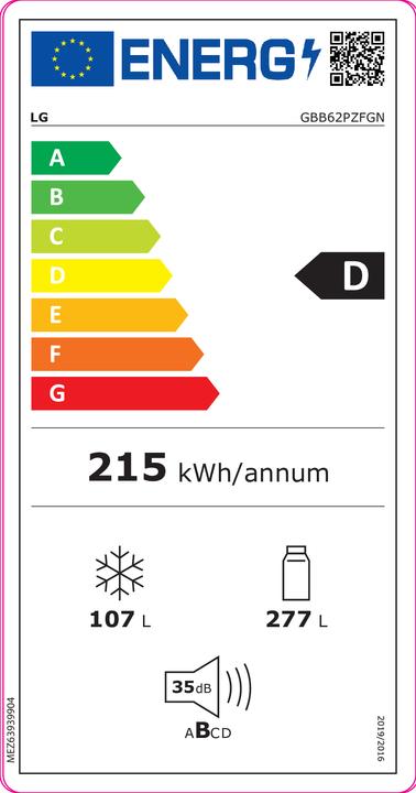 Energy Label LG Refrigerator Gbb62pzfgn (384 l)