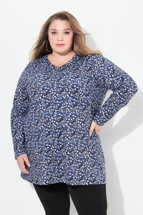 Produktbild Ulla Popken Longshirt, gemustert, A-Linie, V-Ausschnitt, Langarm (56)