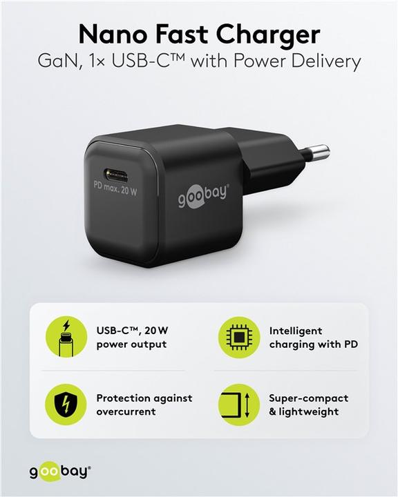 Produktbild Goobay USB-C PD GaN Schnellladegerät Nano 20 W schwarz (20 W, 1 Port)