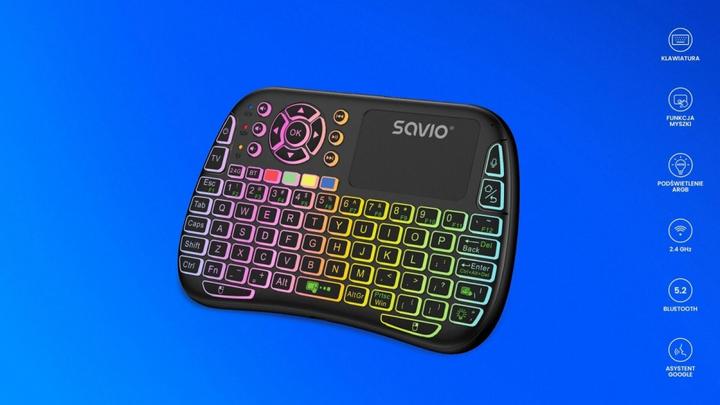Produktbild Savio KW-04 Hintergrundbeleuchtete kabellose Tastatur RGB BT + 2 4 GHz TV-Box Smart TV Konsolen (US, Kabellos, Kabelgebunden)