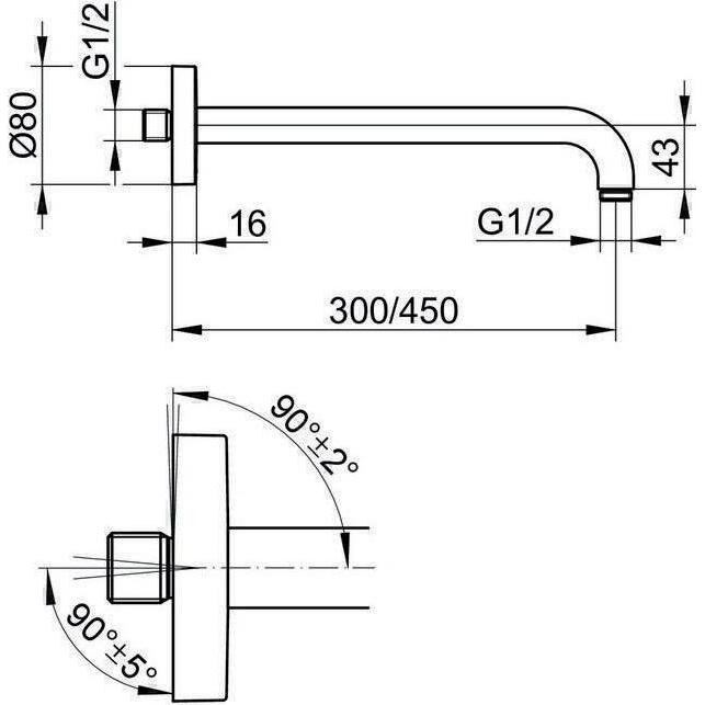 Thumbnail - Keuco, Duschsystem, Brausearm ELEGANCE f Wdanschl. 1/2Zoll Ausldg 462mm verchro Ausladung 462 mm verchromt