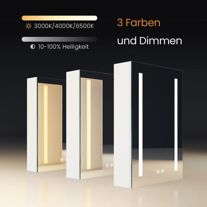 Produktbild Emke Badezimmerschrank mit Beleuchtung 60x40 cm, Mattweiss, Schminkschrank, dimmbar, Antibeschlag (60 x 40 cm)