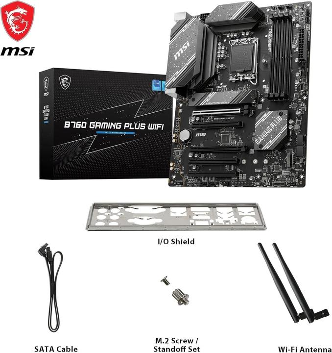 Actual product image MSI B760 GAMING PLUS WIFI LGA1700 mATX MB 4xDDR5 4xSATA 2xM.2 (LGA 1700, Intel B760, ATX)