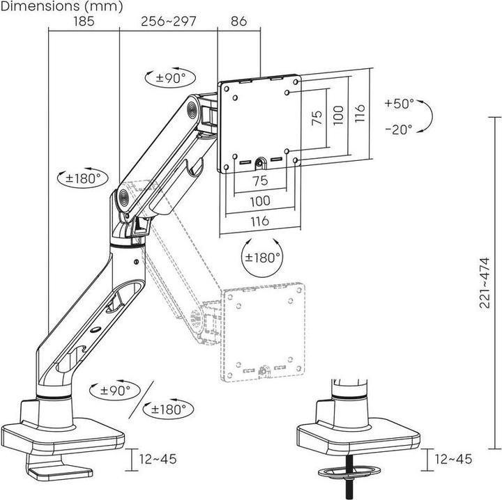 Image du produit ACT Bras d'écran simple office premium, avec ressort à gaz (Tables, 49", 20 kg)
