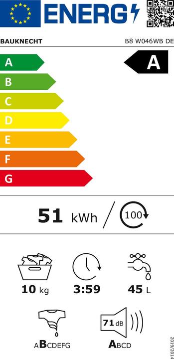 Label énergétique Bauknecht B8 W046WB FR machine à laver Voorbelading 10 kg 1351 RPM A Wit (10 kg, Gauche)