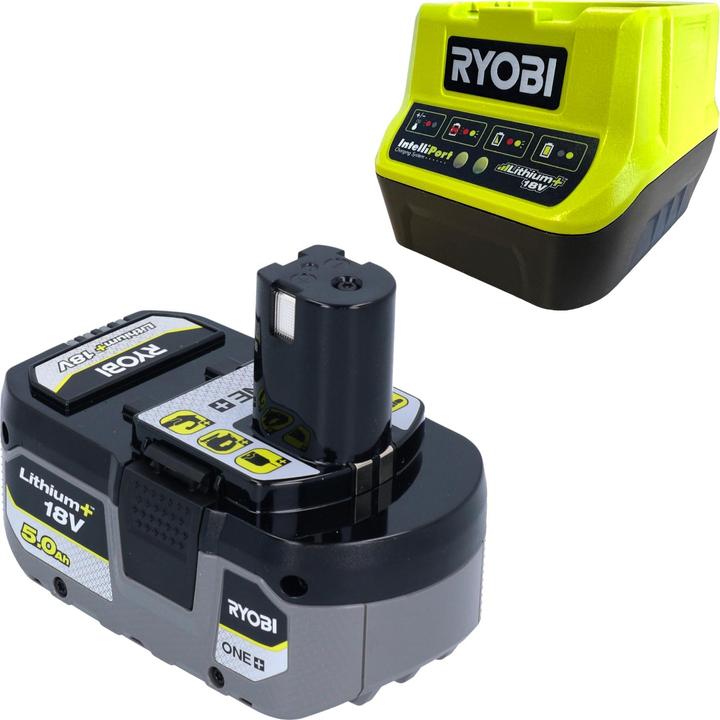 1x RYOBI RB18L50 18 V 5.0 Ah, 5000 mAh Li-Ion battery, 1x RYOBI RC18120 battery fast charger 18 Volt ONE+ 2 Ampere