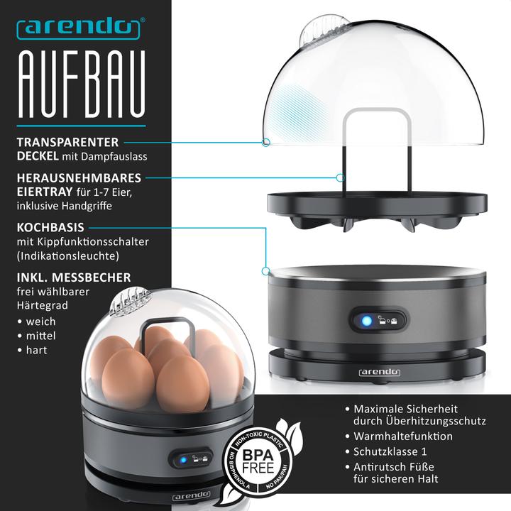 Actual product image Arendo Breakfast set, 2-slice long slot toaster with bread roll top & egg boiler for 7 eggs, grey