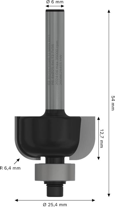 Produktbild Bosch Professional Zubehör Hohlkehlenfräser, 6 mm, R1 6,4 mm, D 25,4 mm, L 12,6 mm, G 54 mm