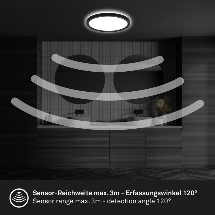 Produktbild Briloner Ultraflaches LED Panel mit Backlight effekt + Microwave, IP44, schwarz (1900 lm)