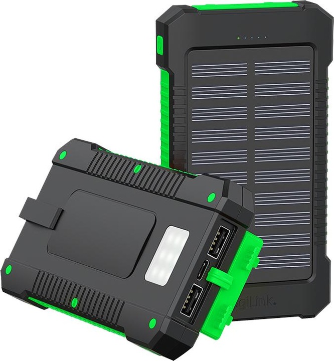 Produktbild LogiLink Solar-Powerbank 8000 mAh, Taschenlampe, 2x USB-A, grün-schwarz (8000 mAh, 10 Wh)