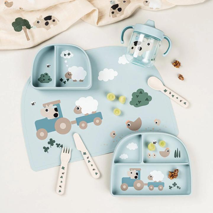 Produktbild Done by Deer - Schnabelbecher 2 Griffe Tiny farm - Blau - Ø 7,5 x H 11 cm
