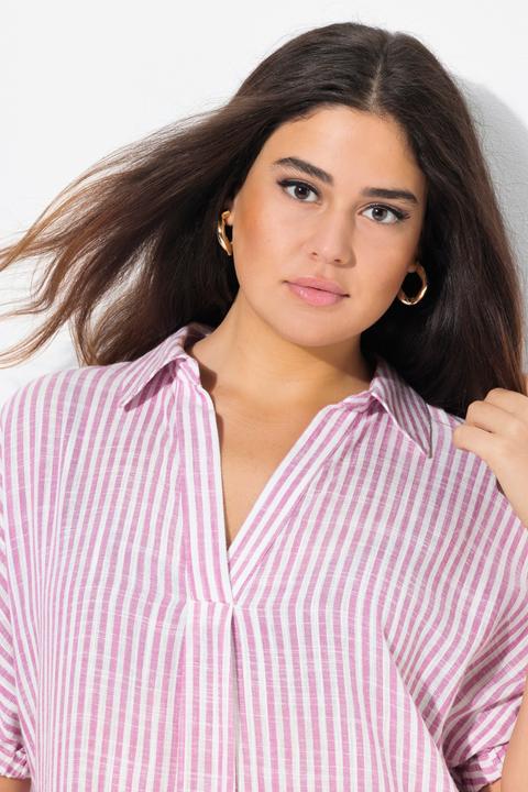 Actual product image Ulla Popken Coastal Striped Short Sleeve Collared Linen Blend Dress (50, 52)