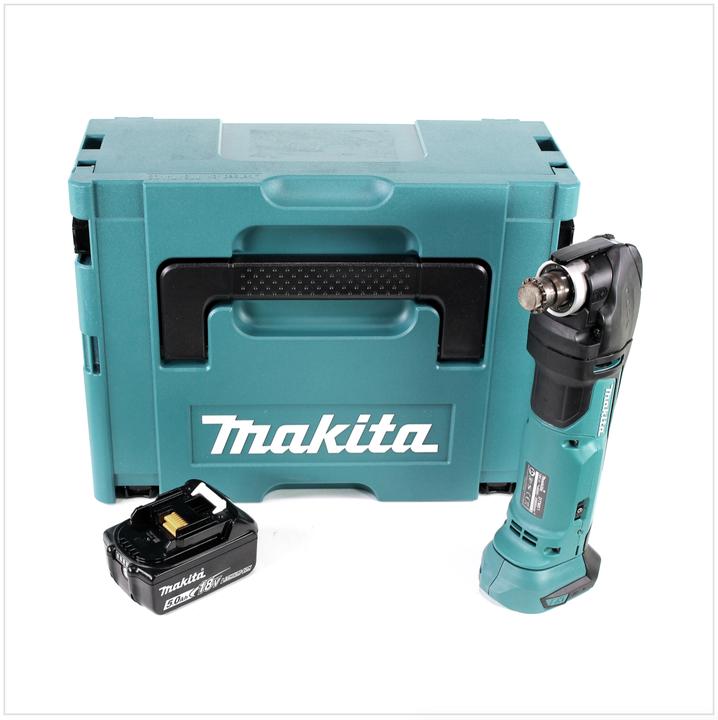 1x Makita DTM 51 18V Li-ion Akku Multifunktion Werkzeug, 1x BL 1850 B 18V - 5,0 Ah Li-Ion Akku, 1x Makita Makpac 3 Systemkoffer, 1x Universal Schaumstoffeinlage für Makpac, ohne Ladegerät