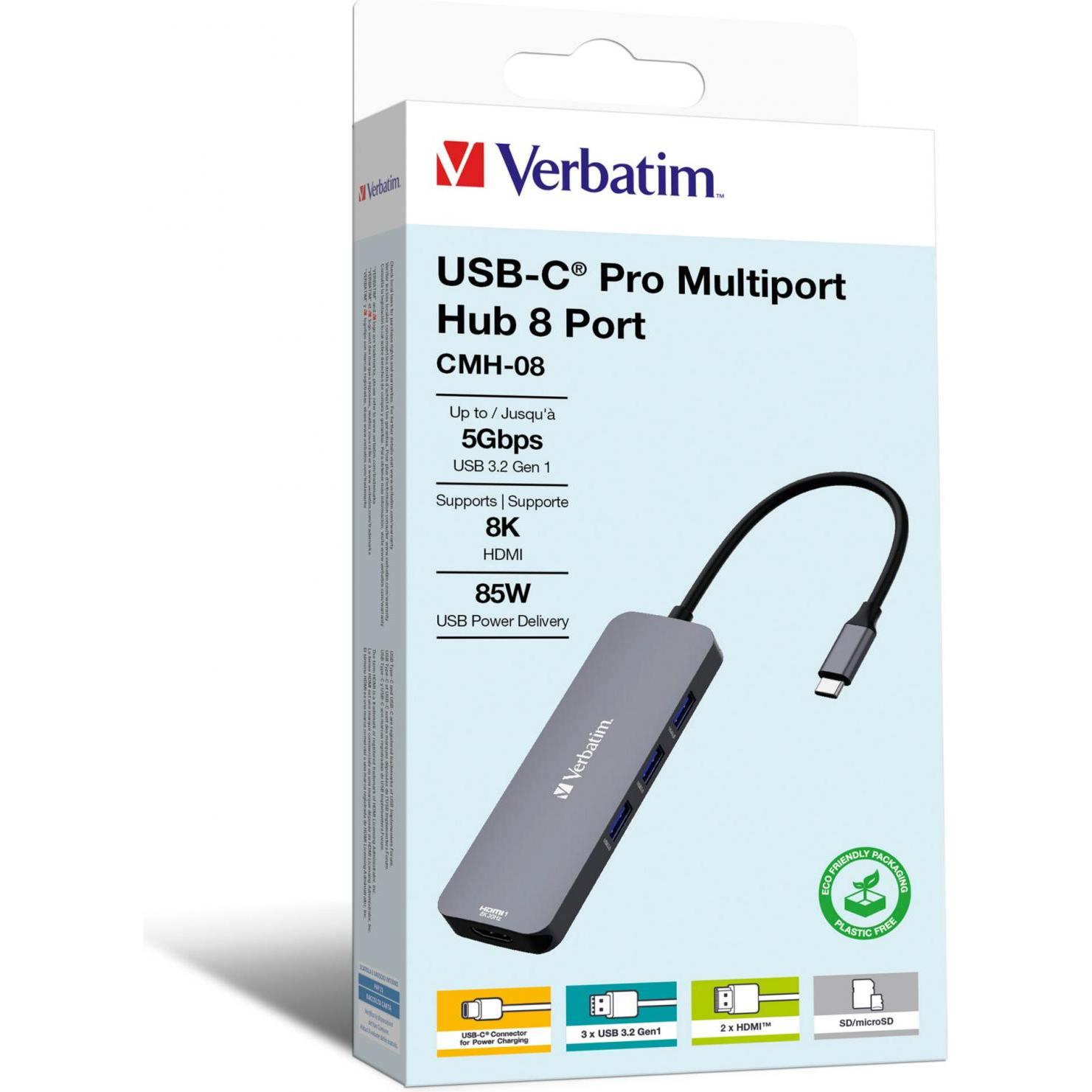 Verbatim CMH-08 (USB-C, 8 Ports), Dockingstation + USB Hub, Grau