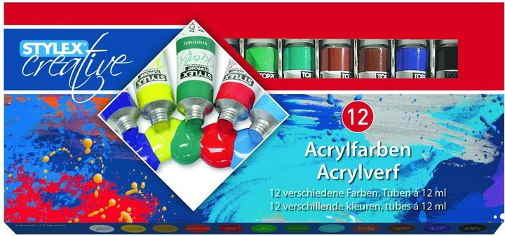 Productafbeelding Stylex Acrylverf, 12st. (Wit, Oranje, Geel, Groen, Blauw, Zwart, Rood, Bruin, 12 ml)