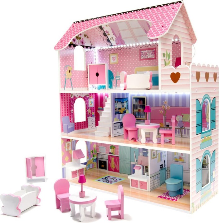 Polesie Doll's House Pink Villa 70cm + Furniture and LED