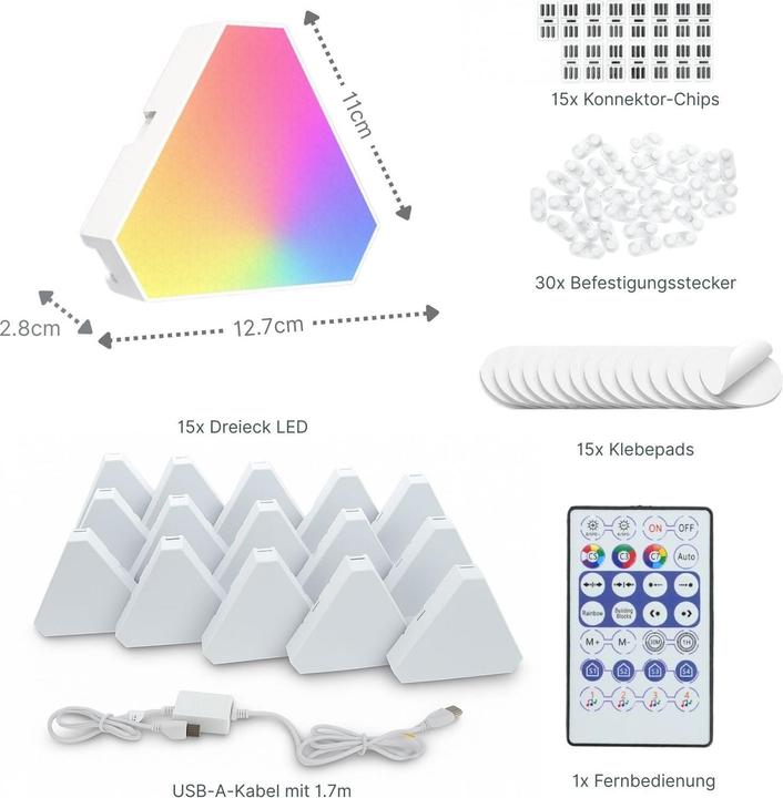 Produktbild Hermex 15er Set LED RGBIC Dreieck-Lichtpaneele Leuchtplatten Wandleuchte