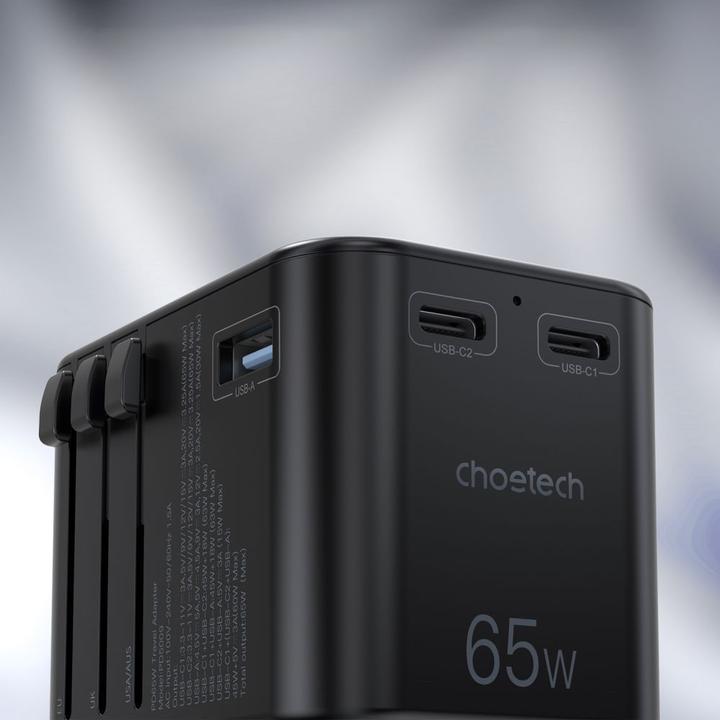 Actual product image Choetech gaN 2 x USB Type C / USB 65W Power Delivery Fast Charger Black (PD5009-BK) (65 W, 3 ports)