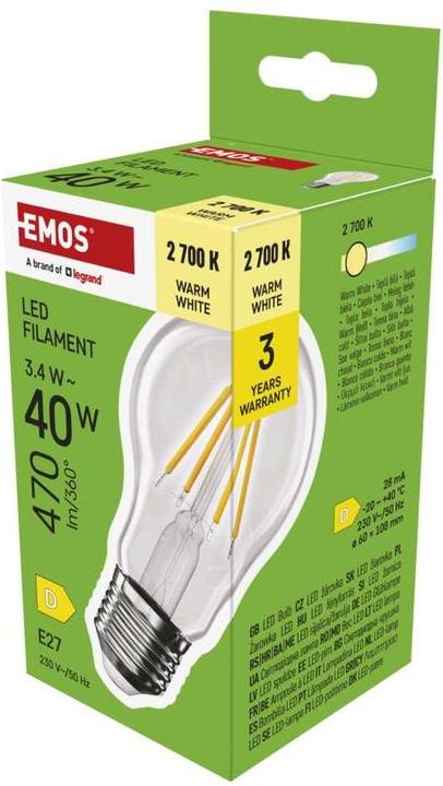 Produktbild Emos LED Lampe Filament A60 / E27 / 3,4 W (40 W) / 470 lm / Warmweiss (E27, 3.40 W, 470 lm, 1 x, D)