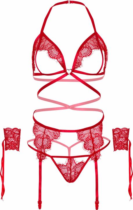 Produktbild Leg Avenue Vierteiliges Set Bh, G-String, Strumpfg?Rtel & Handmanschetten Einheitsgr?Sse? Rot (One Size)