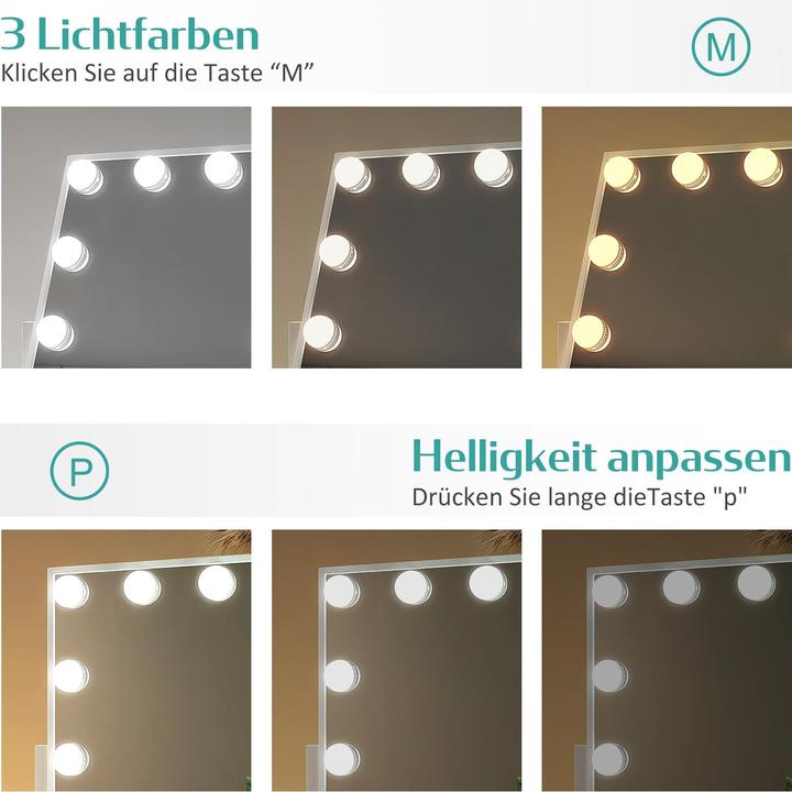 Produktbild Emke Hollywood Kosmetikspiegel mit 9 Lampen, 1X+7X Vergrösserung, 3 Farbtemperatur, 30*36cm, Weiss