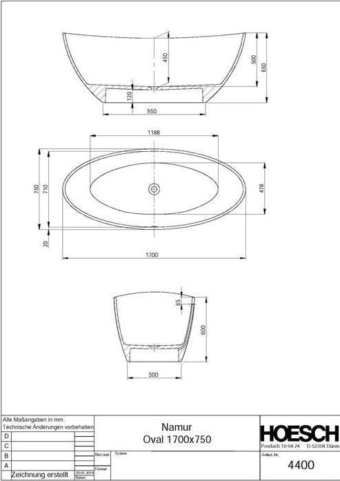 Immagine prodotto Hoesch Vasca da bagno NAMUR 1700x750x450mm free-standing bianca (265 l, 170 cm, 75 cm)