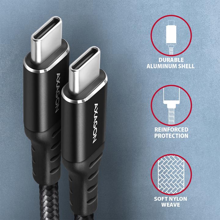 Actual product image Axagon BUCM-CM30AB USB-C to USB-C 2.0 cable, 3 m, PD 60W, 3A, braided - black (3 m, USB 2.0, 60 W)