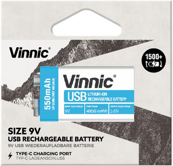 Actual product image Vinnic USB Rech. Batt. 9V Type-C VPRB-UC9V-1PC 550mAh,Case,1pcs. (1 pcs., 550 mAh)