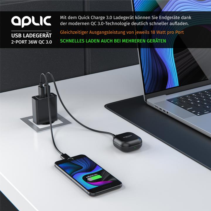 Actual product image Aplic USB charger, 2-port Quick Charge USB charger 36 W / 6000 mA / fast charging function, black (36 W, 2 ports)