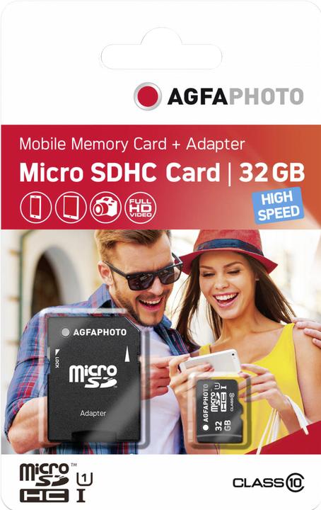 Immagine prodotto AGFAPHOTO MicroSDHC UHS-I 32GB ad alta velocità classe 10 U1 + adattatore (32 GB, microSDHC, U1, UHS-I)