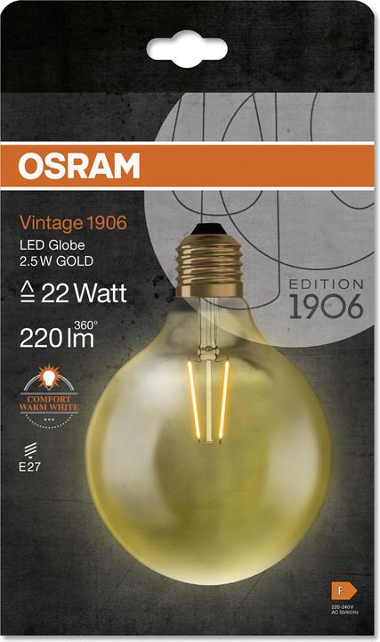 Produktbild Osram Vintage 1906 Led Classic Globe (E27, 2.80 W, 200 lm, 1 x, F)