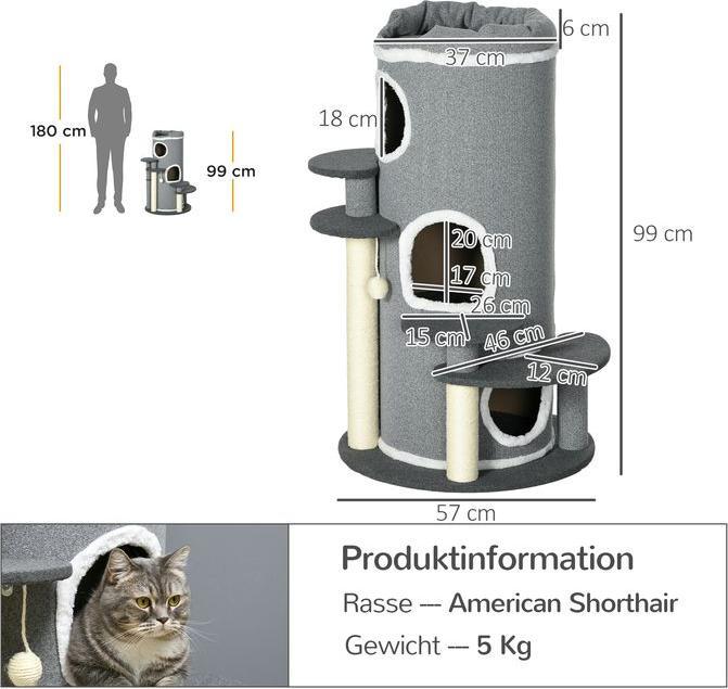 Produktbild Swisshandel24 Katzen Kratztonne 99 cm Spieltonne mit Katzenbett, Spielball & Plattformen, Katzenmöbel, Grau (99 cm, Grau)