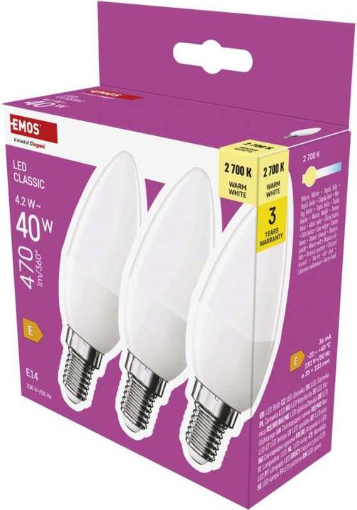 Image du produit Emos Lampe LED Classic Candle / E14 / 4,2 W (40 W) / 470 lm / Blanc chaud (E14, 470 lm, 3 x)