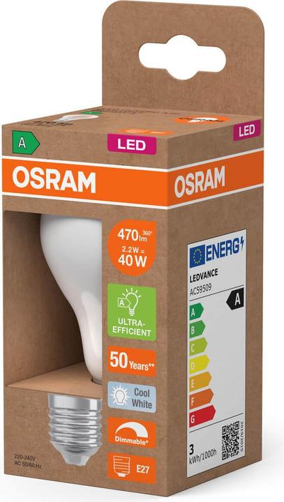 Image du produit Osram LED Classic A 40 Filament DIM Energy efficiency class A 2.2W 840 Frosted E27 (E27, 470 lm, 1x)