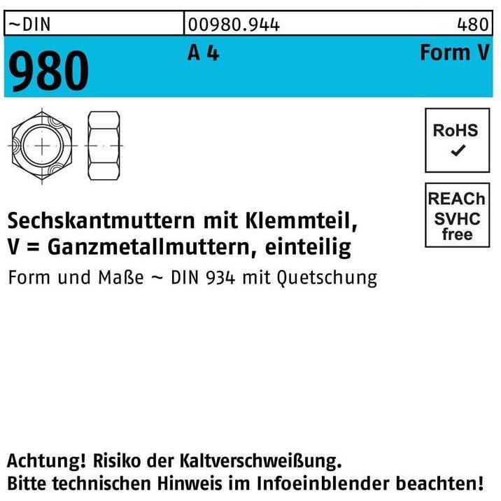Muttern + Unterlegscheiben, Sechskantmutter DIN 980 m.Klemmteil VM 18 A 4 (M18)