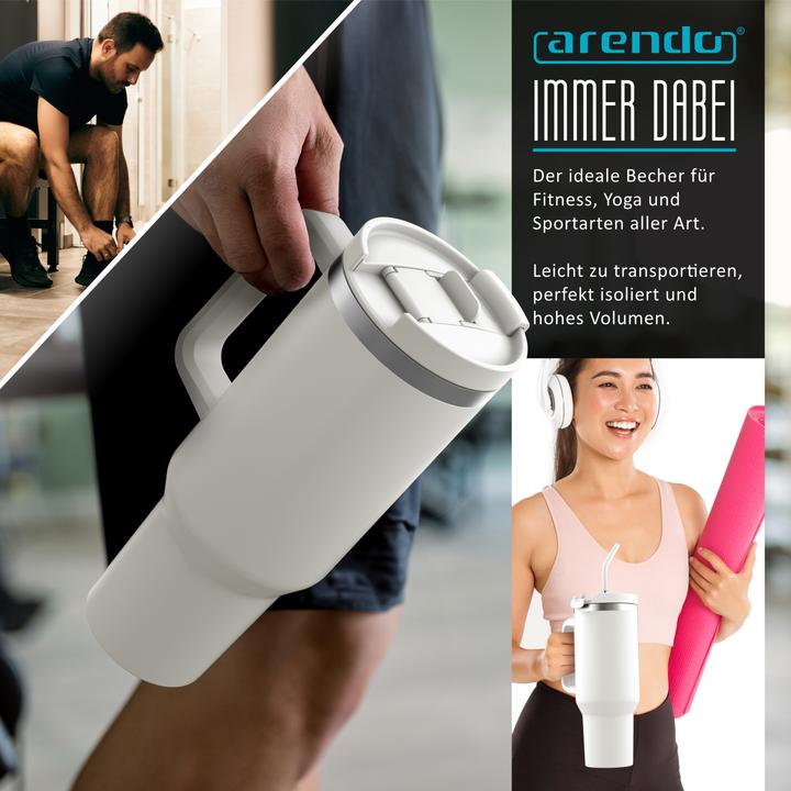 Produktbild Arendo Thermobecher 1200 ml, Becher mit Deckel, Thermal Mug, Henkel & Strohhalm, Tumbler, Edelstahl (1.20 l)