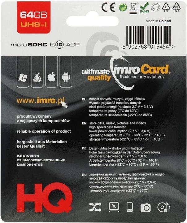IMRO 10/64G UHS-I ADP - 64 GB - MicroSDHC - Klasse 10 - UHS-I - 82 MB/s - 21 MB/s (64 GB, microSDHC, U1, UHS-I)