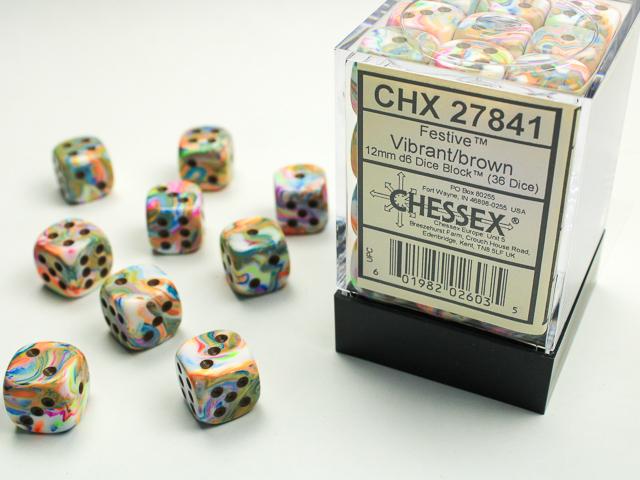 Chessex Festive® 12mm d6 Vibrant/brown Dice Block (36 dice)