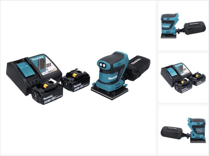 1x Makita DBO 480 Akku Schwingschleifer, 1x Staubbox, 2x Makita BL 1840 B 18 V 4,0 Ah Akku, 1x Makita DC 18 RC Akku Schnell Ladegerät 7,2 V - 18 V
