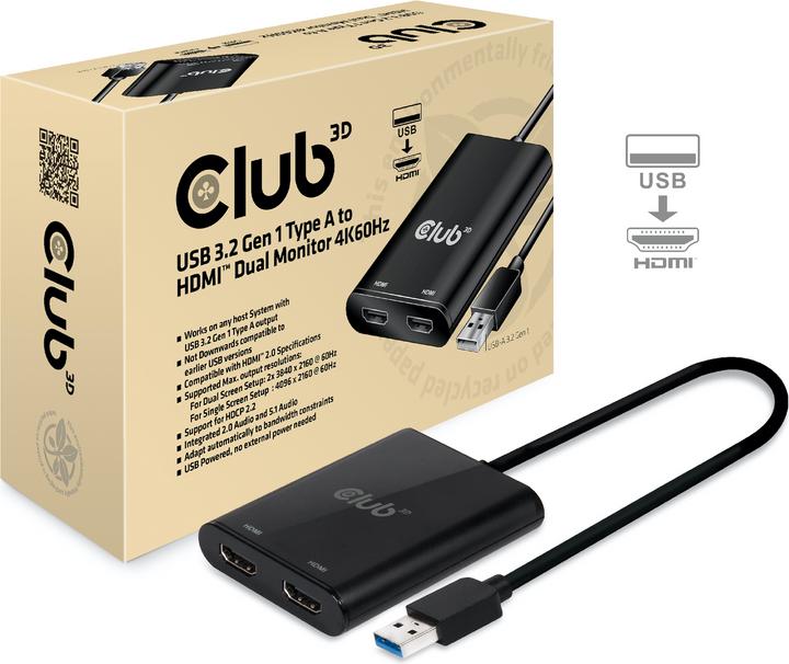 Produktbild Club 3D USB A auf HDMI 2.0 Dual Monitor 4K 60Hz Adapter
