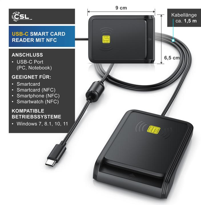 Produktbild CSL Chipkartenleser, SmartCard Reader USB C, NFC, SIM Kartenlesegerät, Personalausweis, Bankkarten uvm. (USB-C)