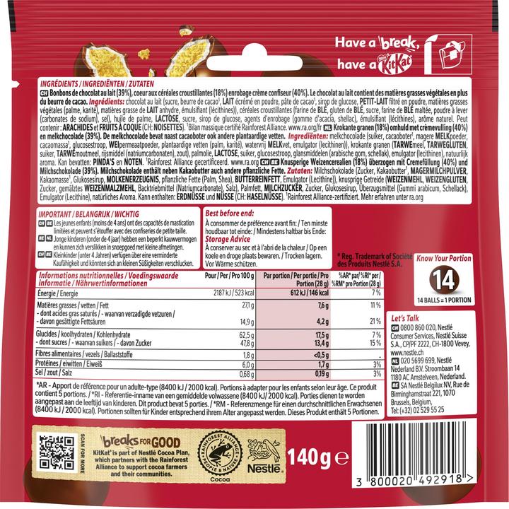 Nutritional values and ingredients Nestlé KitKat Ball (140 g)