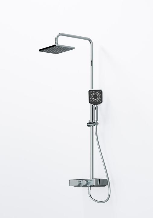 Actual product image Steinberg Series 390 shower system, glass shelf, thermostat, Easy Clean, rain shower, hand shower