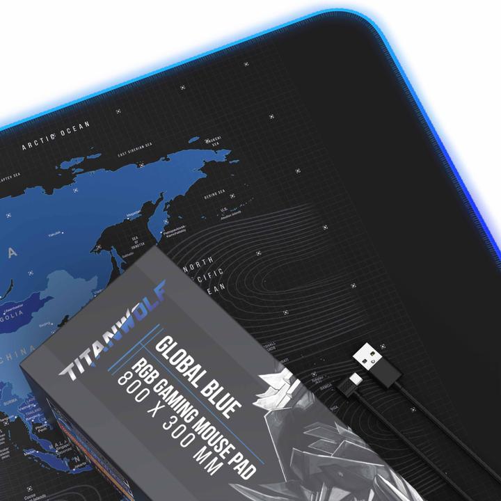 Produktbild Titanwolf RGB Gaming Mauspad, Mausmatte XL 800 x 300mm verbessert Präzision & Geschwindigkeit, Weltkarte blau (XL)