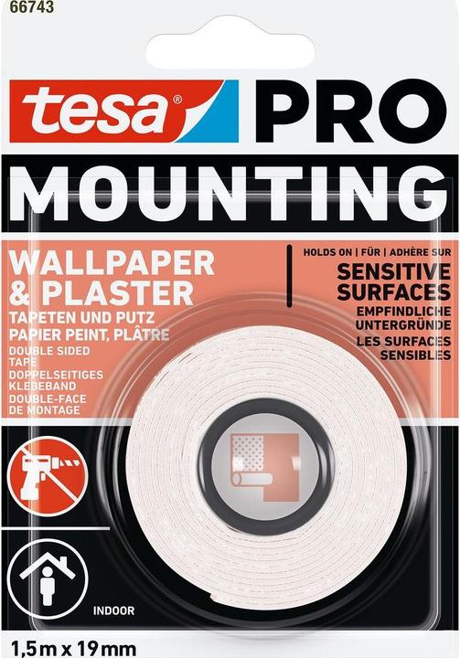 tesa PRO Mounting Montageband für Tapete & Putz, doppelseitig, selbstklebend (19 mm)