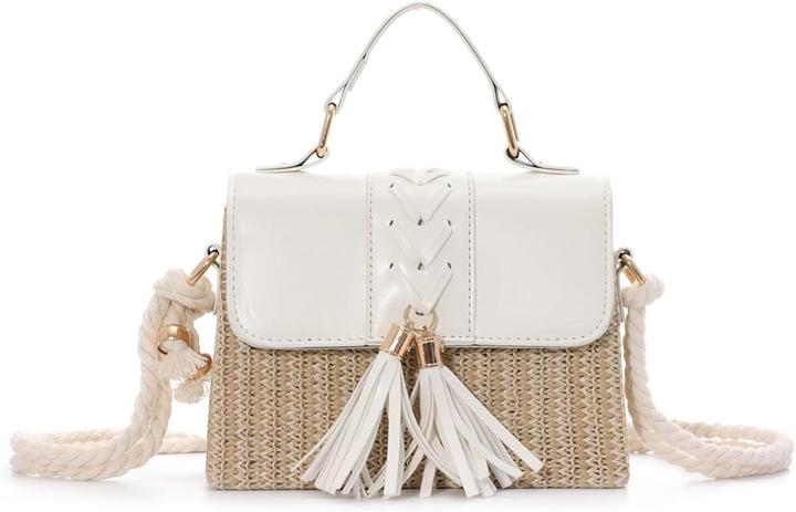 Immagine prodotto Only-Bags.Store Borse di paglia intrecciata con decorazioni di nappe, mini borsa da spiaggia con cinturino, manico