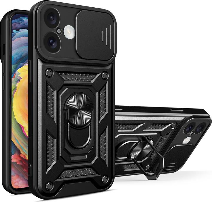 Actual product image Hurtel Hybrid Armor Camshield iPhone 16 Plus Armoured Case with Camera Cover and Stand - Black (Apple iPhone 16 Plus)
