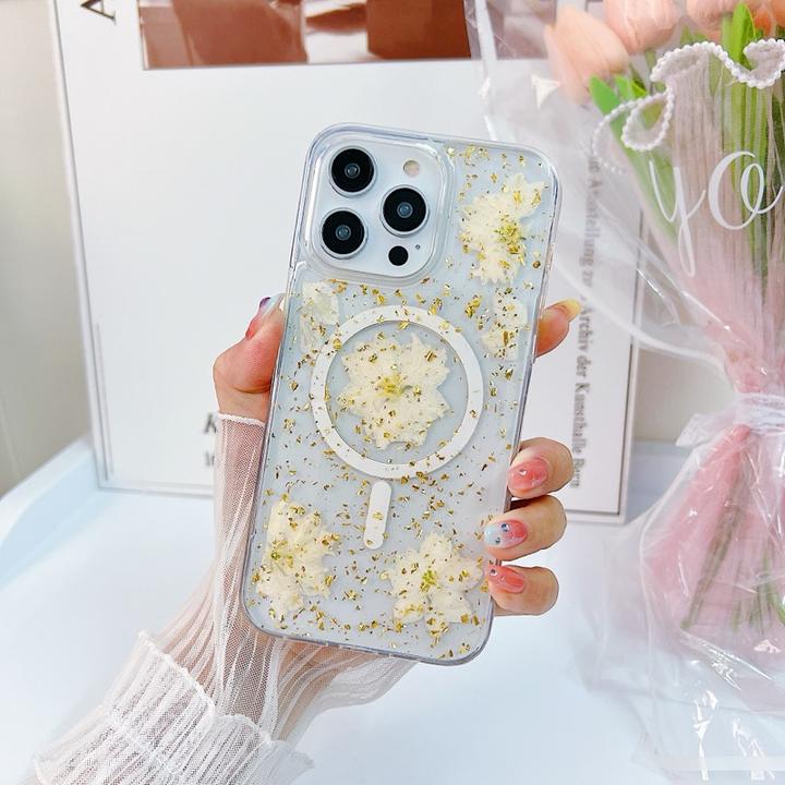 Immagine prodotto RPD iPhone 17 Pro Max - MagSafe Hülle mit echten Blumen und goldenen Akzenten, weiss (Apple iPhone 17 Pro Max)
