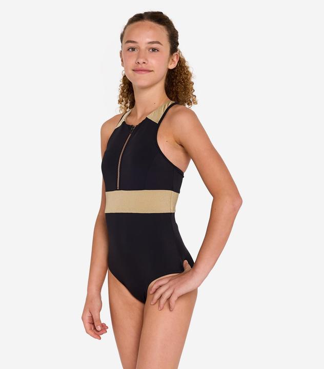 Image du produit Olaian Maillot 1 pièce surf dos Y zip avant fille - 900 Calysta noir et or (140)