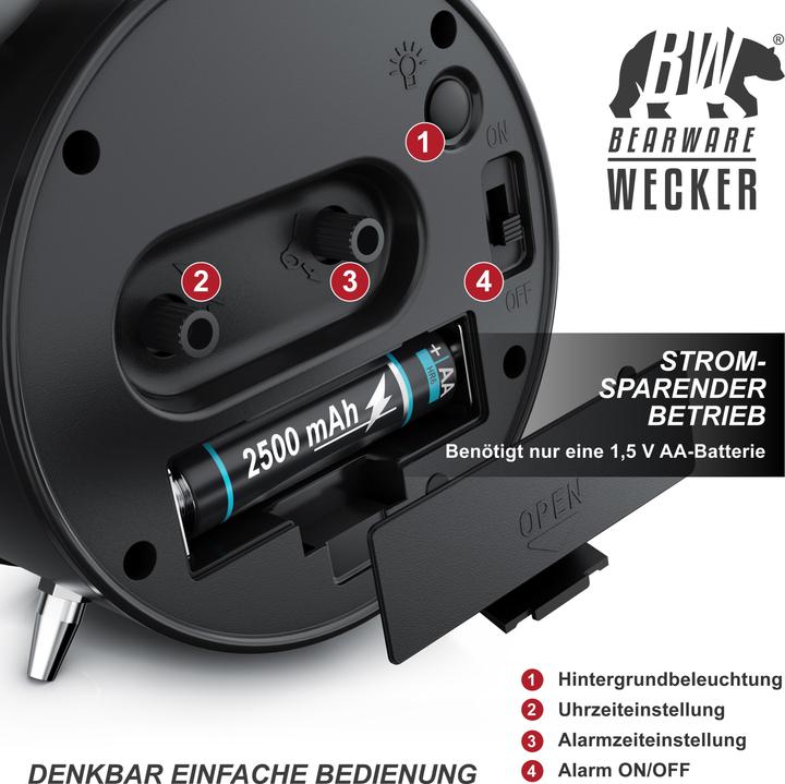 Immagine prodotto Bearware Wecker analog, rund, mit Licht, Retro, lauter Glockenalarm, Beleuchtet, Vintage, ohne Ticken